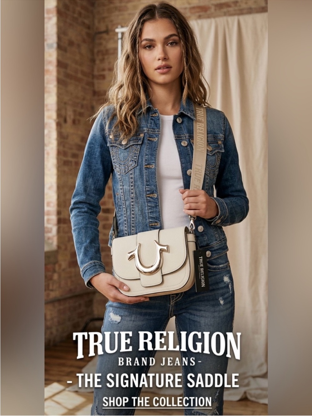 NWT ~ True Religion Cream Crossbody Saddle Bag with Gold Hardware
